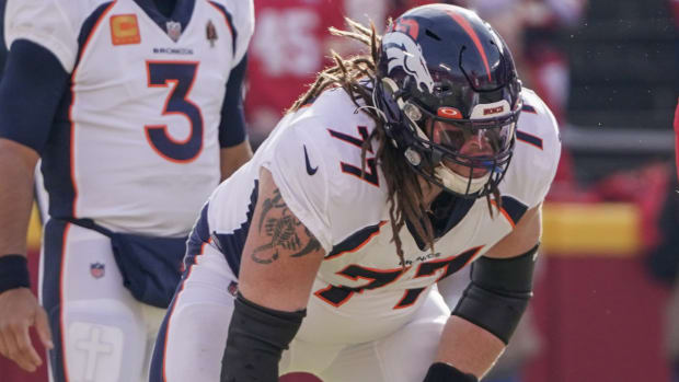Denver Broncos guard Quinn Meinerz (77) on field against the Kansas City Chiefs during a game at GEHA Field at Arrowhead Stadium.